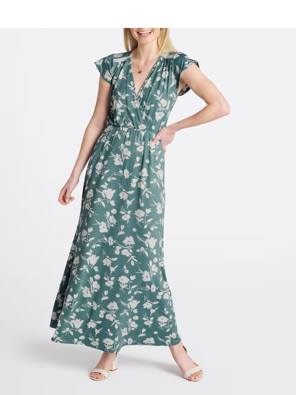French Grey Teal Green Floral Wrap Maxi Dress